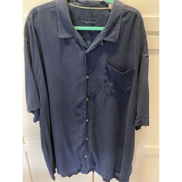 Tommy Bahama 100% Silk Button Down Sz 3XB Navy Pocket - Picture 1 of 7